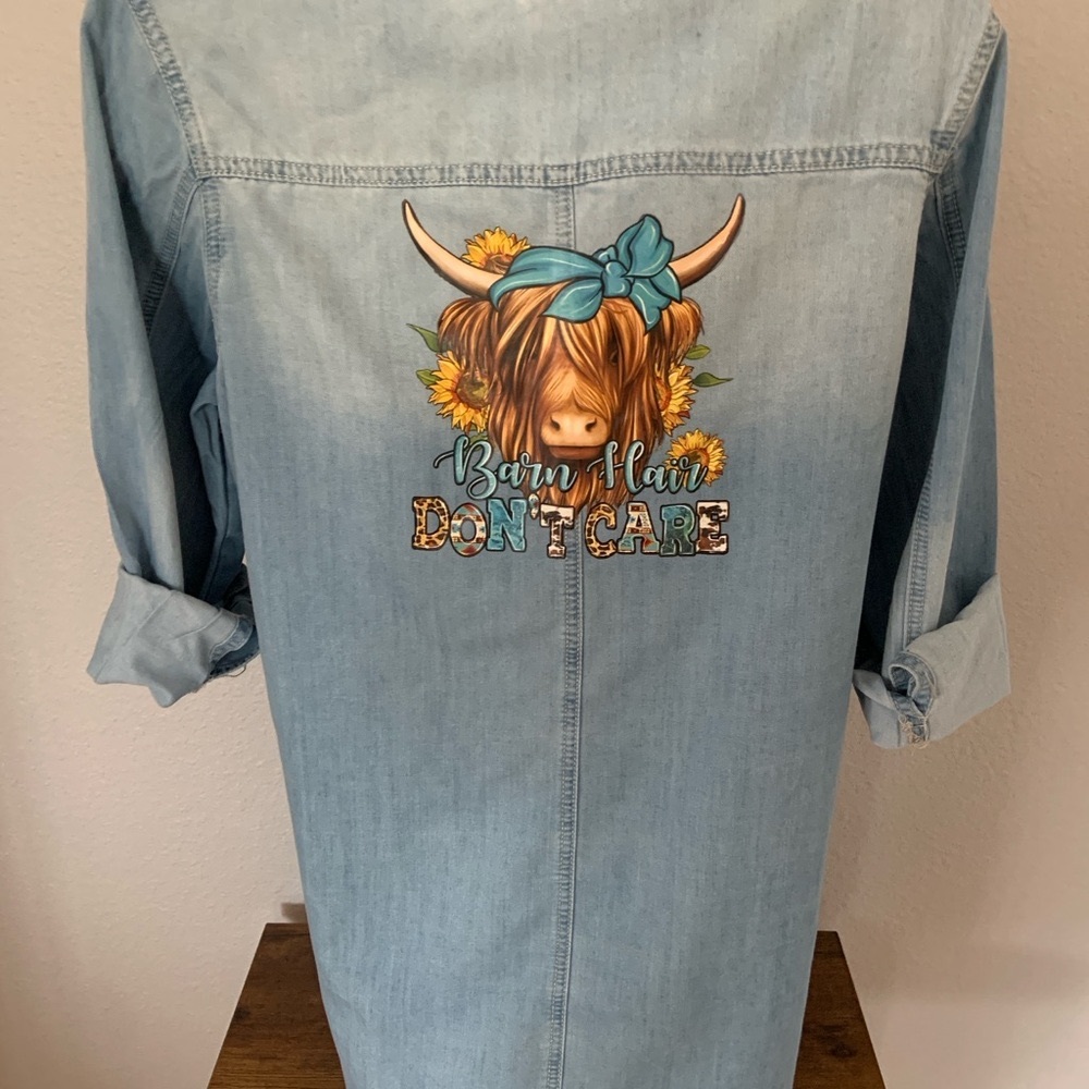 Women’s Faded Denim Shirt with Cow Graphics “BARN HAIR Don’t Care” on Back.